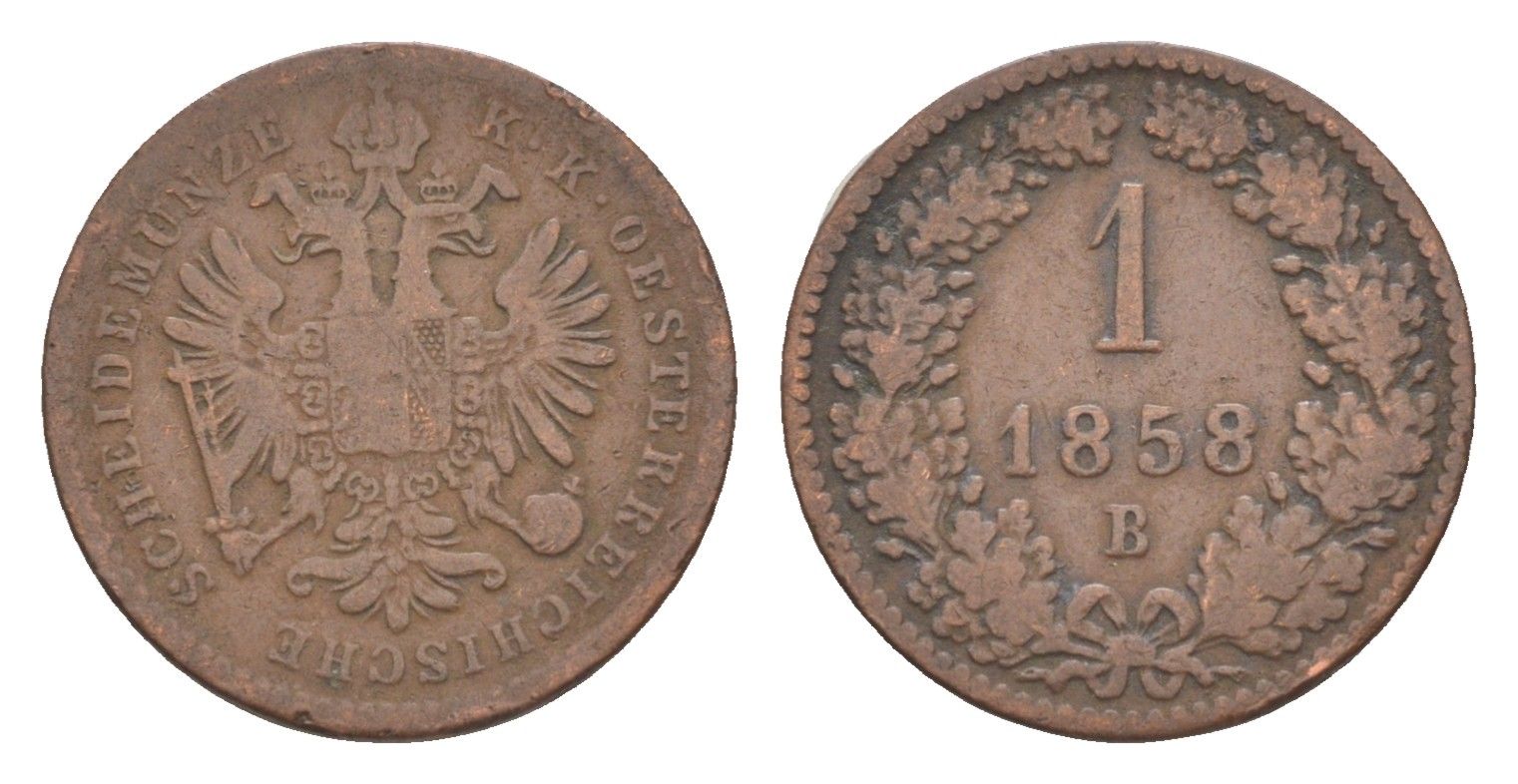 Австрия 1 крейцер 1858 B, Франц Иосиф I (1848-1916) KM 2186 медь 4639-163