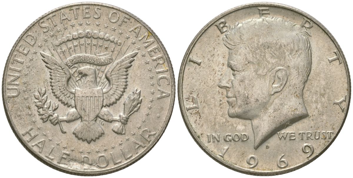 США 1/2 доллара (50 центов) 1969 D, Джон Кеннеди KM 202a серебро 221-1031