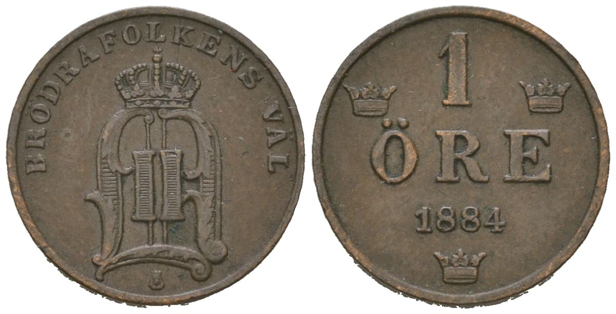 Швеция 1 эре 1884 Оскар II (1872-1907) KM 750 бронза 4611-329