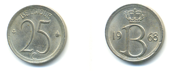 Бельгия 25 сантимов 1968 Belgique, Бодуэн I (1951-1993) KM 153.1 медно-никель 86-1254