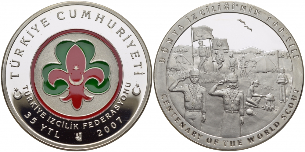 Турция 35 новых лир 2007 100 лет скаутскому движению, эмаль KM NEW серебро PROOF 1081-3-52