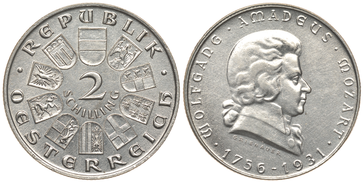 Австрия 2 шиллинга 1931 175 лет со дня рождения Моцарта KM 2847 серебро 413-6723