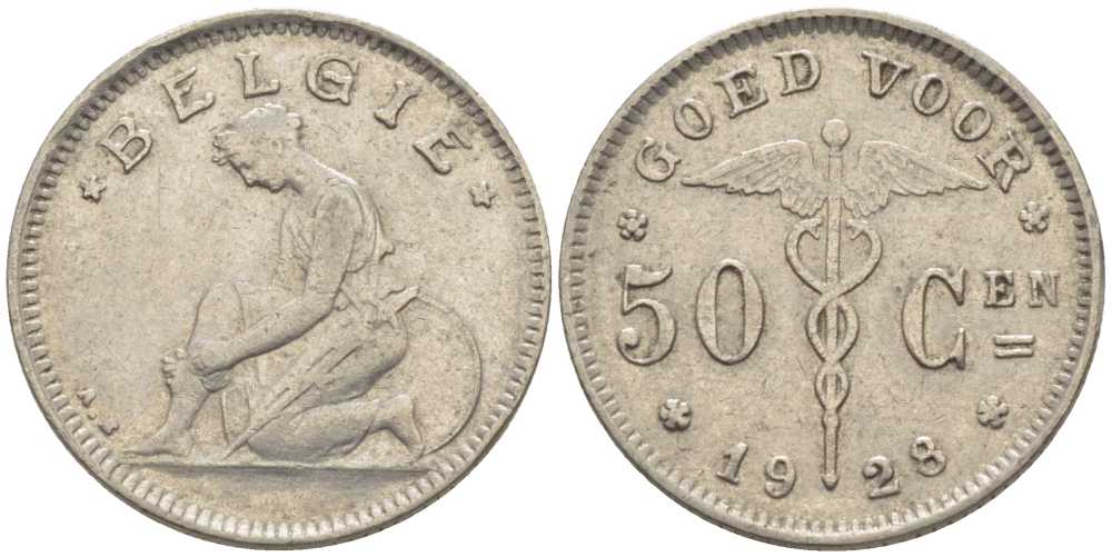 БЕЛЬГИЯ 50 САНТИМОВ 1928 BELGIE, АЛЬБЕРТ I (1909-1934) KM 88 никель 116-966