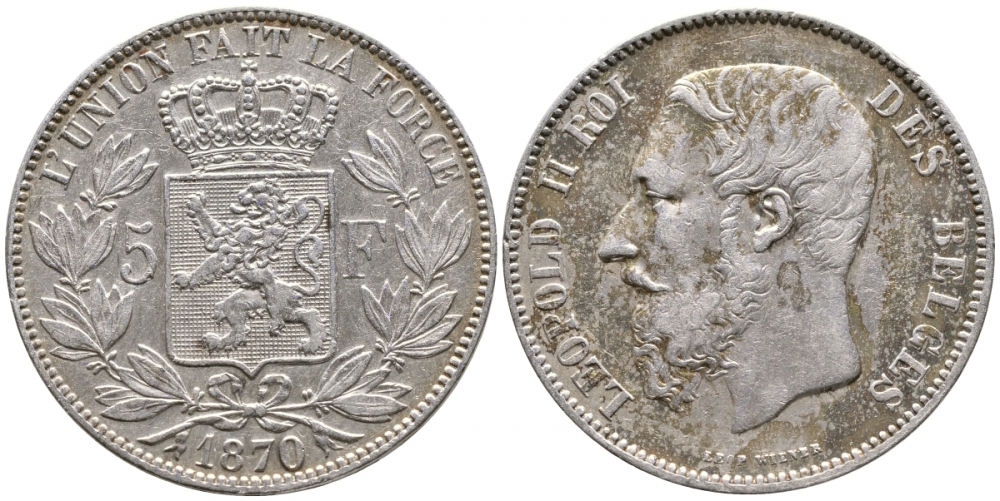 Бельгия 5 франков 1870 Леопольд II (1865-1909) KM 24 серебро 413-3625