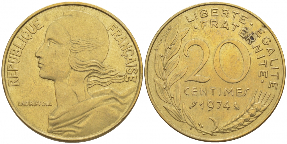 ФРАНЦИЯ 20 САНТИМОВ 1974 ТИП MARIANNE KM 930, LE FRANC 156.14 алюминиевая бронза 4402-954