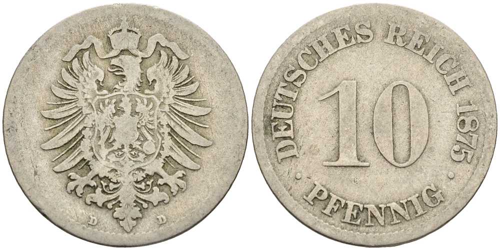 ГЕРМАНИЯ 10 ПФЕННИГОВ 1875 D, СТАРОГЕРБОВКА KM 4, J. 4 медно-никель 4401-244