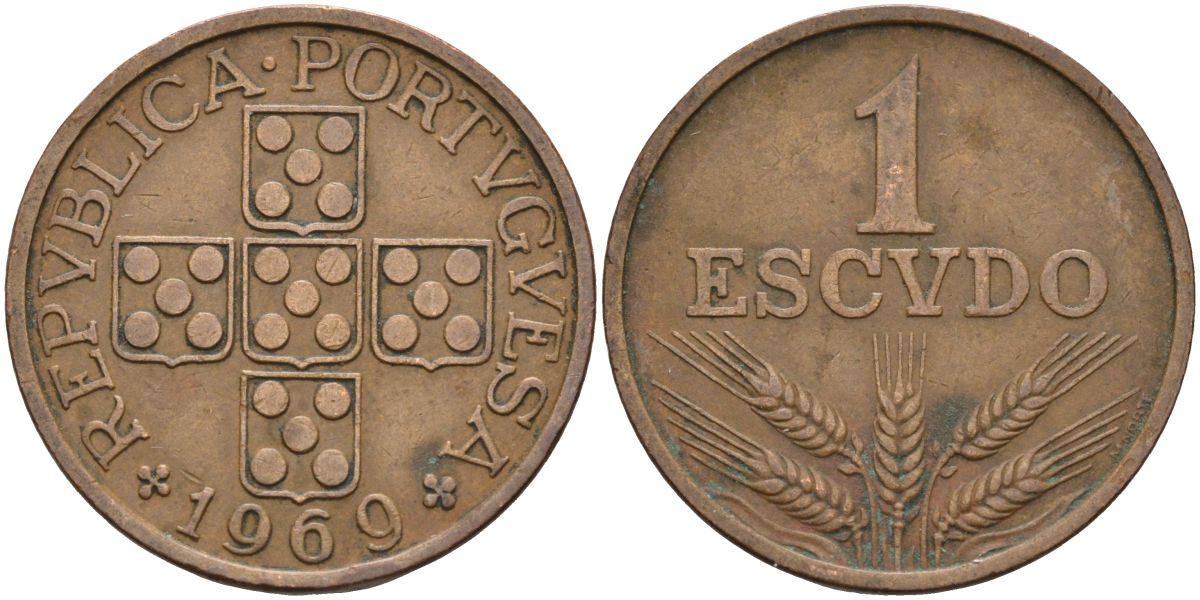 Португалия 1 эскудо 1969 первый год KM 597 бронза 4126-557