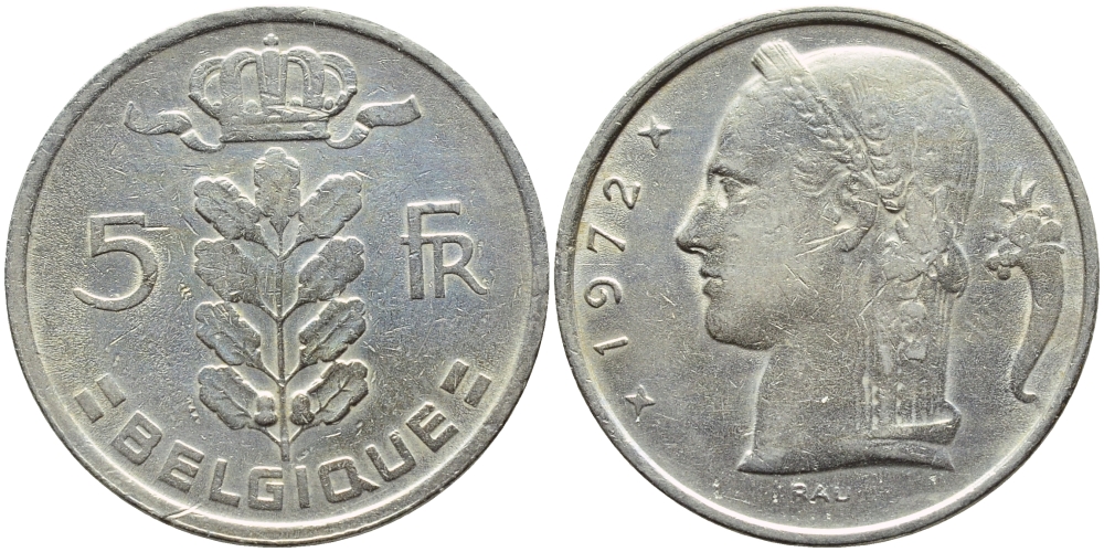 Бельгия 5 франков 1972 Belgique, Бодуэн I (1951-1993) KM 134.1 медно-никель 4381-1015