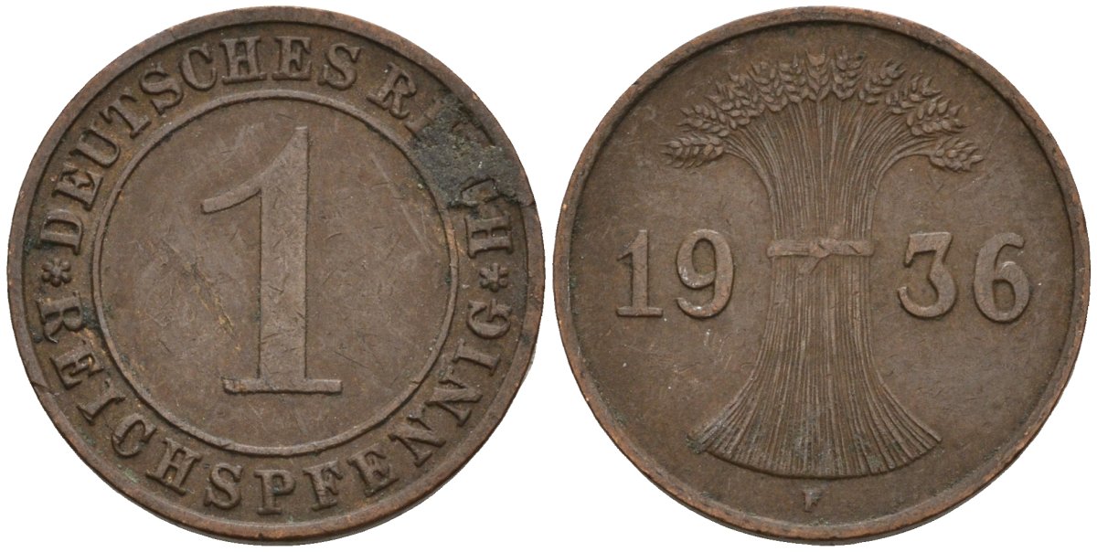 Германия 1 рейхспфенниг 1936 F KM 37, J. 313 бронза 4124-914