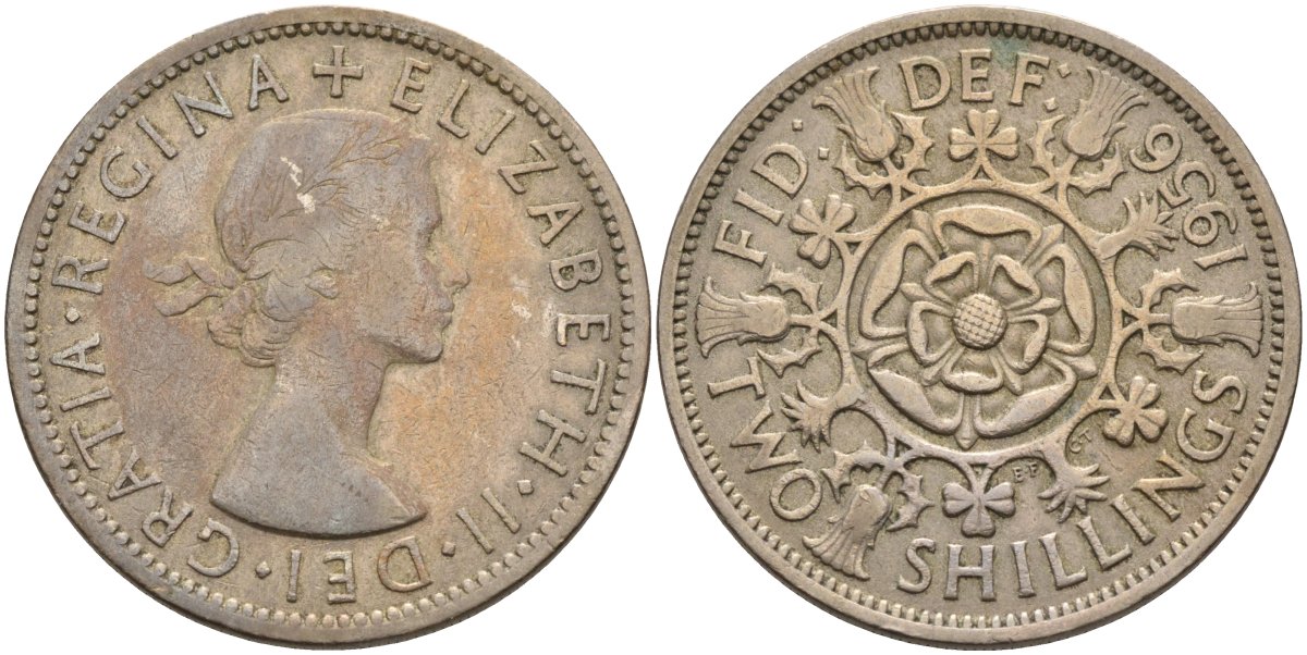 Великобритания 2 шиллинга (флорин) 1956 Елизавета II (1952-2022) KM 906, Spink 4146 медно-никель 4587-932