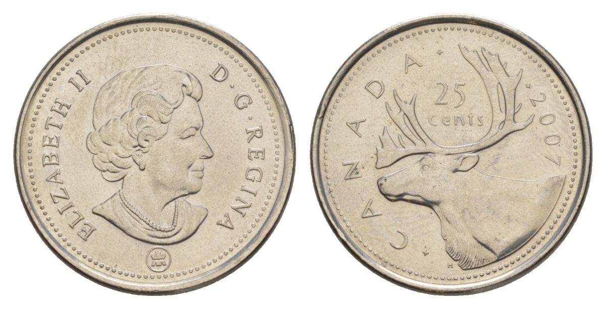 Канада 25 центов 2007 Leaf, Елизавета II (1952-2022), олень KM 2296 сталь плакированная никелем UNC 4631-724