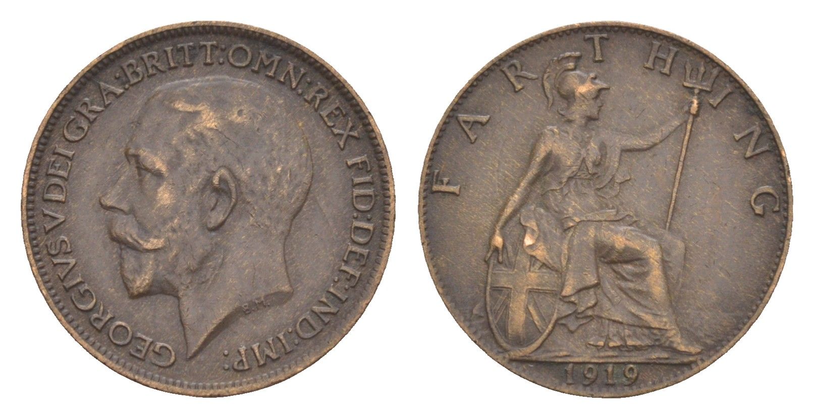 Великобритания 1 фартинг 1919 Георг V (1910-1936) KM 808.2, Spink 4060 бронза 4643-841