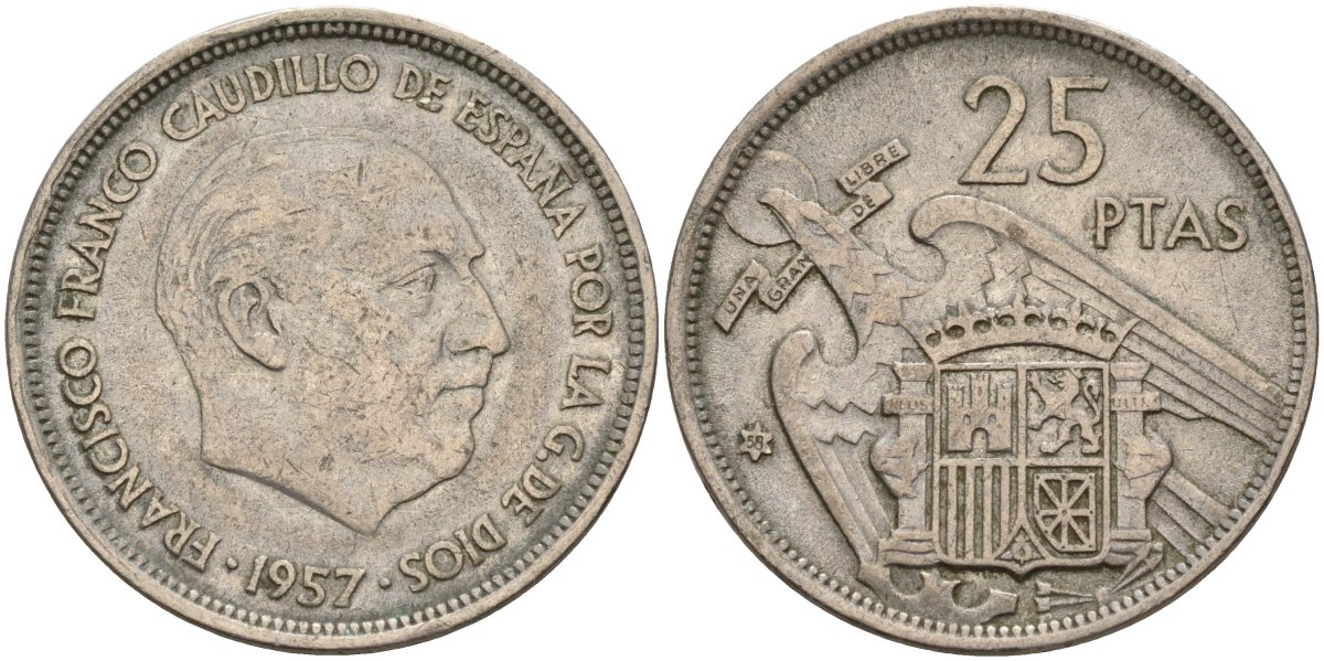 Испания 25 песет 1957 (58) Франсиско Франко (1939 - 1975) KM 787 медно-никель 4149-1022