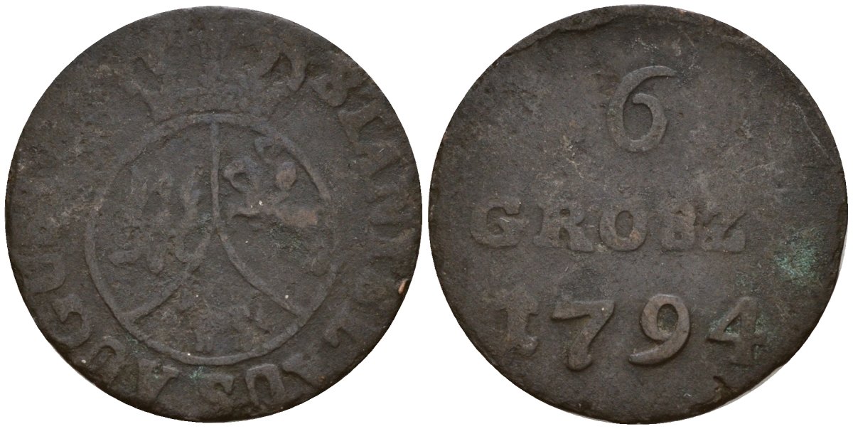 Польша 6 грошей (шостак) 1794 Станислав Август Понятовский (1764-1795) KM 215, Gum. 2354, Kopicki 2286 биллон 4158-536