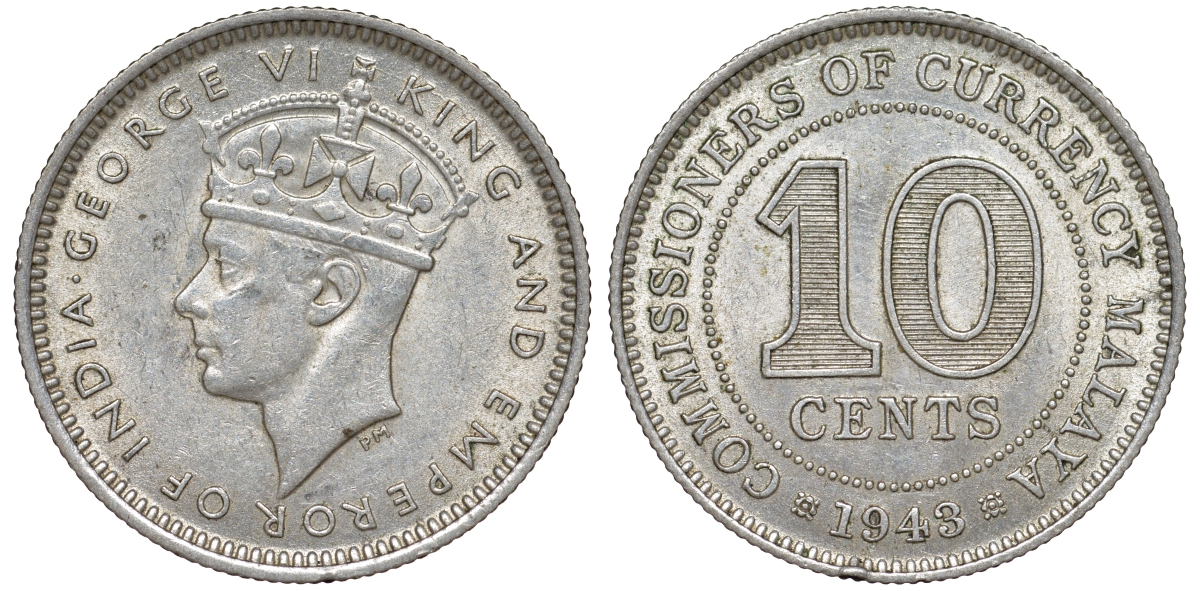 Британская Малайя 10 центов 1943 Георг VI (1937-1952) KM 4a серебро 53-233