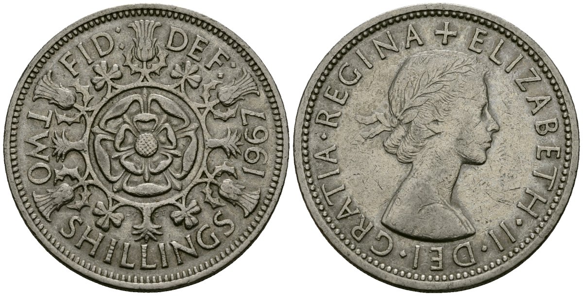 Великобритания 2 шиллинга (флорин) 1967 Елизавета II (1952-2022) KM 906, Spink 4146 медно-никель 4120-823