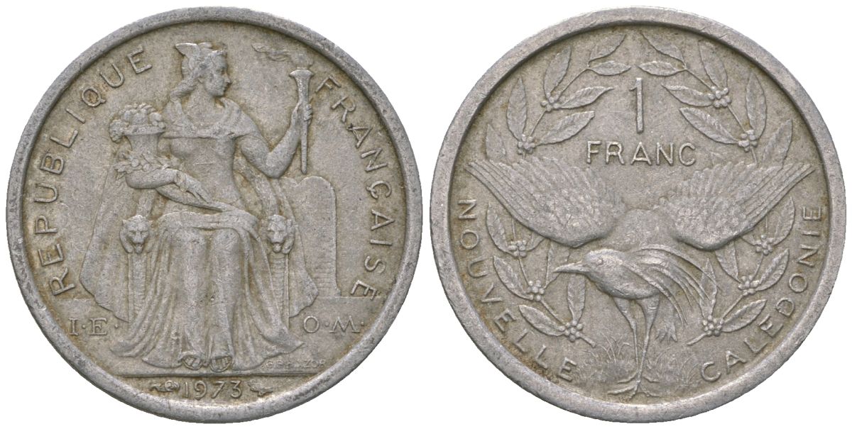Французская Новая Каледония 1 франк 1973 птица кагу, (IEOM) KM 10, Schoen 10, Lec 39 алюминий    51-831