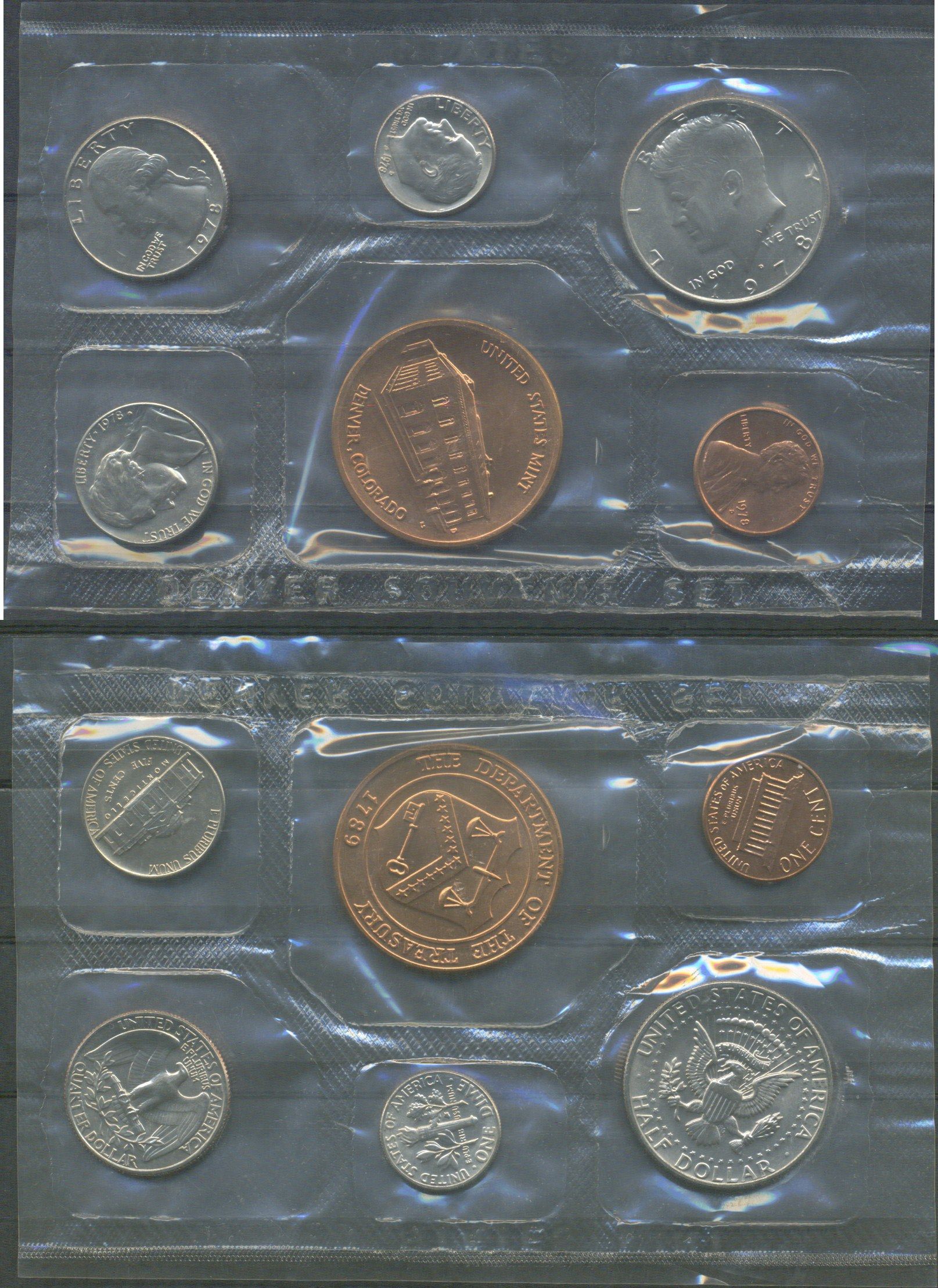 США набор из 5 монет (1, 5, 10 (дайм), 25 (квотер, 1/4 доллара) и 50 (1/2 доллара) центов) и отметки монетного двора 1978 D, в оригинальной упаковке, в запайке KM MS130 (164a, A192, 195a, 201, A202b) UNC 8-2-06-16