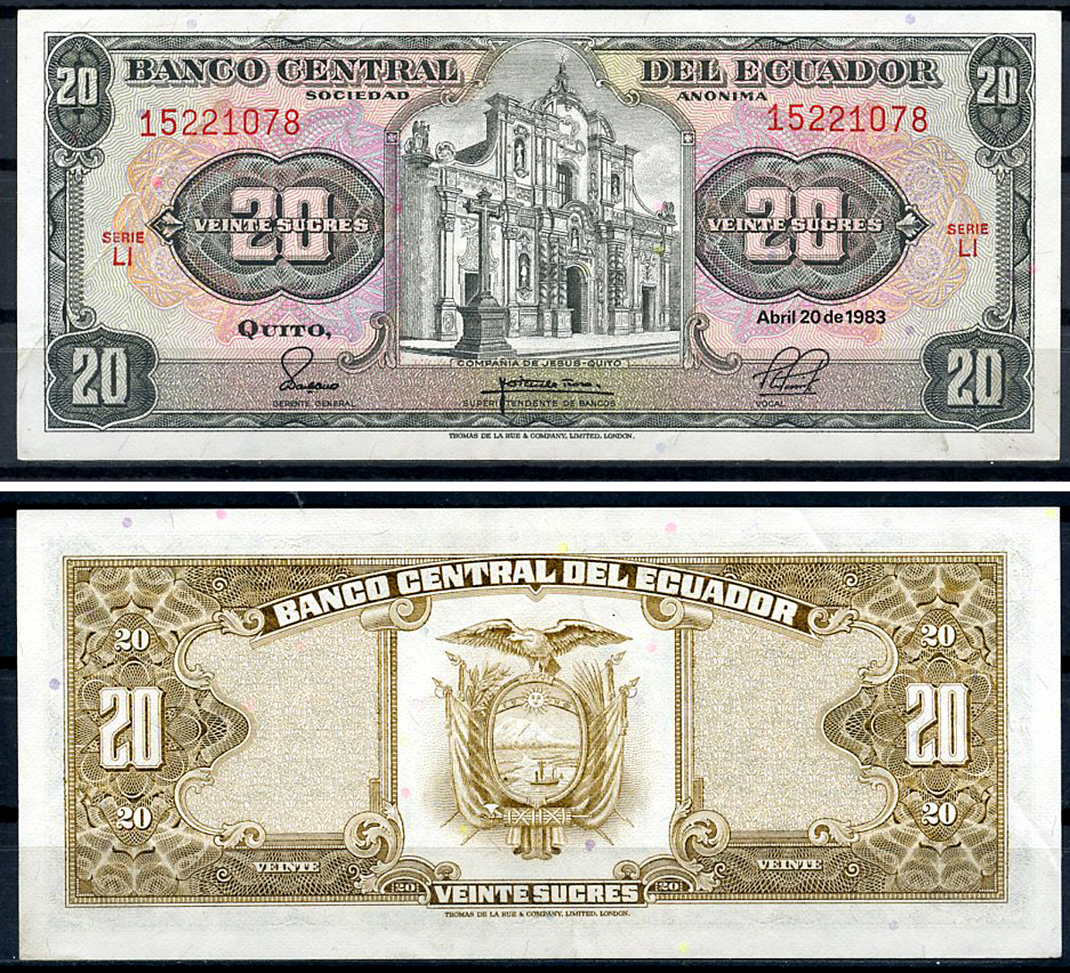 Эквадор 20 сукре 1983 Церковь Общества Иисуса, серия LI Pick 115 b (1983 (2))  бумага  UNC (пресс) 6294-63-2-2