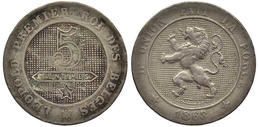 БЕЛЬГИЯ 5 САНТИМОВ 1863/2 BELGES, ЛЕОПОЛЬД I (1831-1865) KM 21 медно-никель 27-852