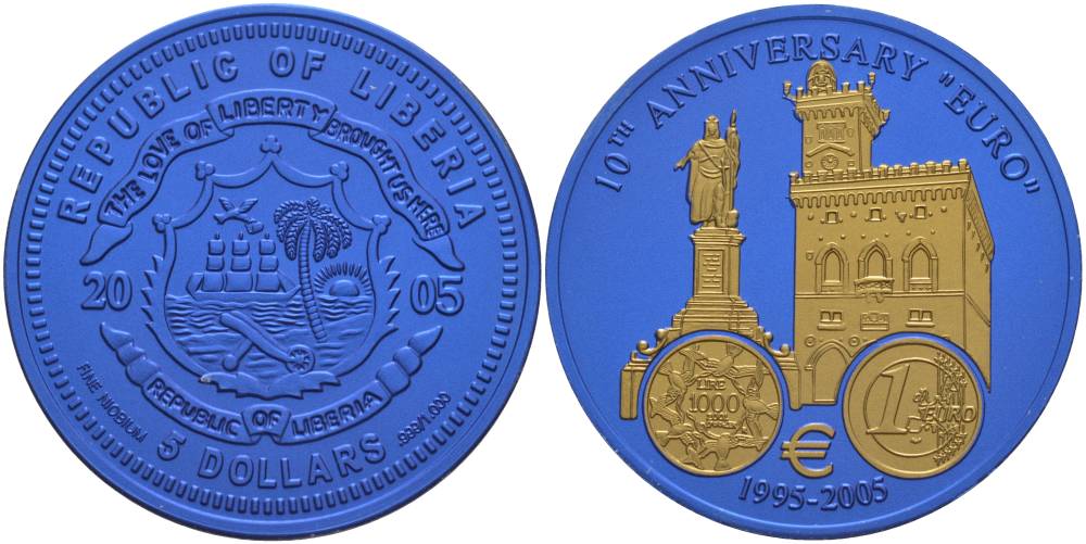 Либерия 5 долларов 2005 10 лет евро, страны еврозоны, Сан-Марино, с сертификатом, би-колор (два цвета), вес 7,78 гр., диаметр 35 мм. KM 865 ниобий  UNC  1068-5-61