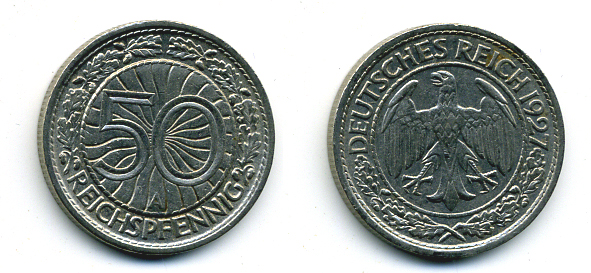 Германия 50 рейхспфеннигов 1927 A KM 49, J. 324 никель 58-143