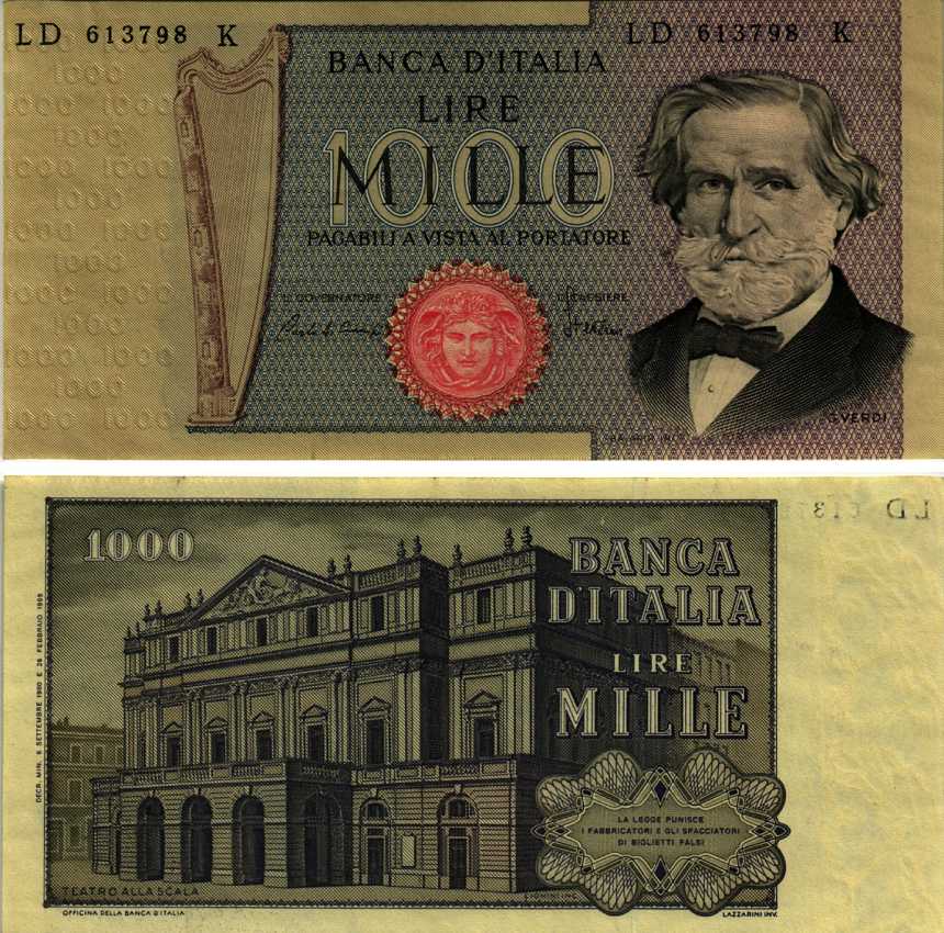 Италия 1000 лир 1980 9 сентября 1980 Джузеппе Верди, Милин Ла Скала Pick 101g бумага 7183-15-4-2