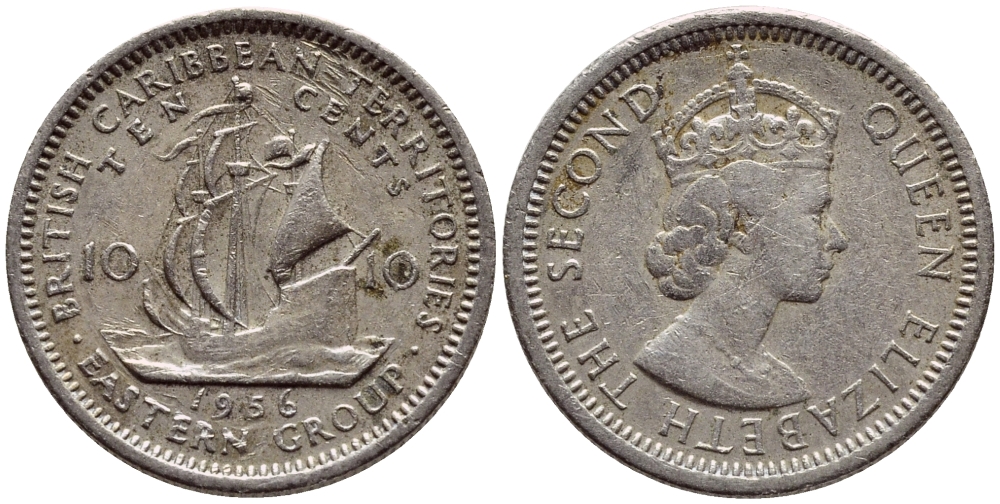 Британские Восточно-Карибские территории 10 центов 1956 Елизавета II (1952-2022), парусник KM 5 медно-никель 4387-543