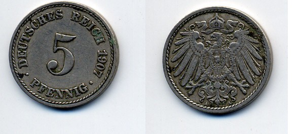 ГЕРМАНИЯ 5 ПФЕННИГОВ 1907 A, KM 11, J. 12 медно-никель 84-948