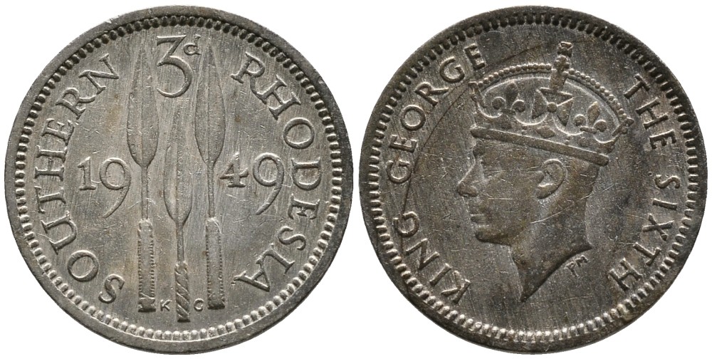 Британская Южная Родезия 3 пенса 1949 Георг VI (1936-1952) KM 20 медно-никель 4532-239