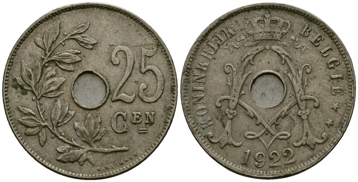 Бельгия 25 сантимов 1922 Belgie KM 69 медно-никель 4165-841