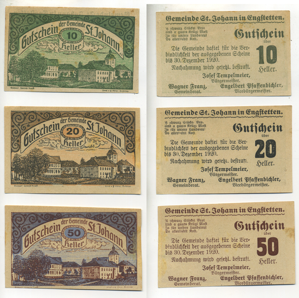 Австрия набор из 3 банкнот 1920 до 30 декабря 1920, нотгельд, 10, 20, 50 геллеров, ST. JAHANN in GNGFTETTEN   бумага  aUNC  7555-3-2-1