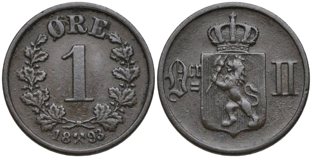 НОРВЕГИЯ 1 ЭРЕ 1893 ШВЕДСКОЕ ПРАВЛЕНИЕ (1814-1905) KM 352 бронза 4549-1156