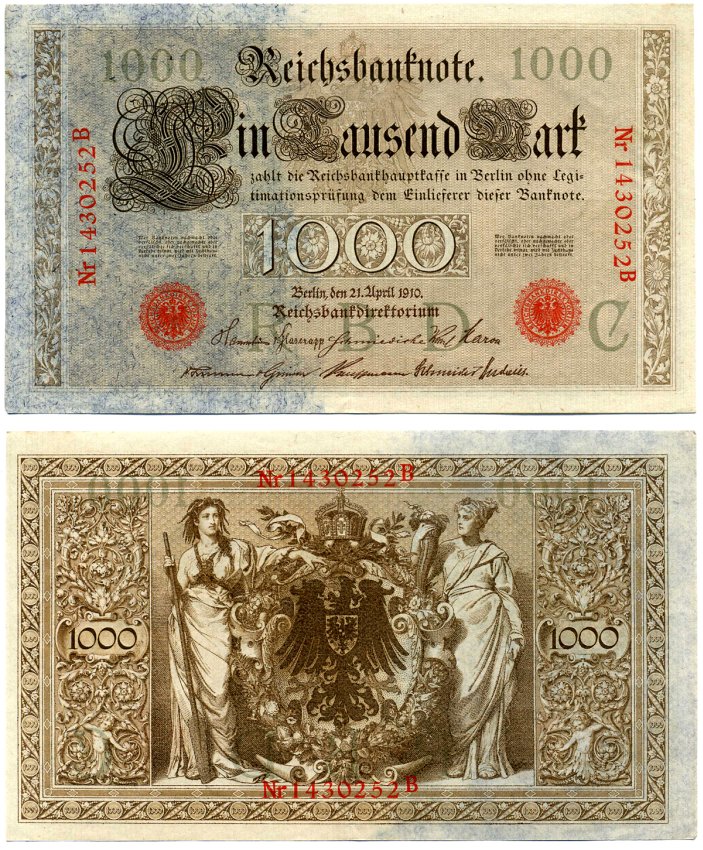 Германия 1000 марок 1910 21 апреля 1910, красная печать, номер семизначный, серия В, буква С, выпуск АПРЕЛЬ - АВГУСТ 1919 Pick 44, Роземберг 45b бумага VF 2194-21-1-1