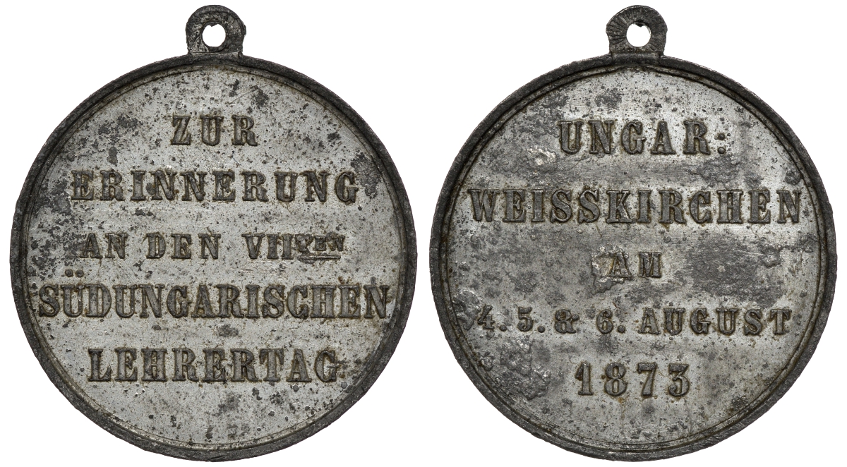ВЕНГРИЯ МЕДАЛЬ 1873 БЕЛАЯ ЦЕРКОВЬ, УЧИТЕЛЮ ЮЖНЫХ ПРОВИНЦИЙ, 33,9 мм, 8,5 гр цинк 441-533