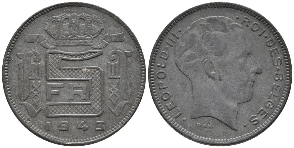 БЕЛЬГИЯ 5 ФРАНКОВ 1943 BELGES, ГЕРМАНСКАЯ ОККУПАЦИЯ, ВТОРАЯ МИРОВАЯ ВОЙНА KM 129.1 цинк 34-1141