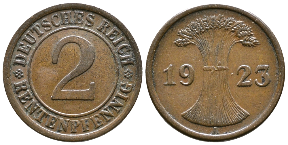 ГЕРМАНИЯ 2 РЕНТЕНПФЕННИГА 1923 A KM 31, J. 307 бронза 71-1114