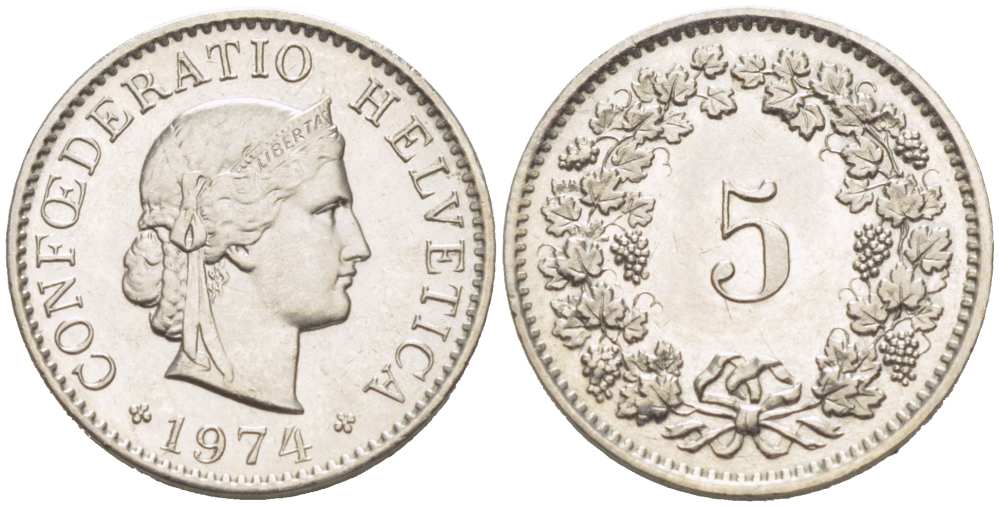 ШВЕЙЦАРИЯ 5 РАППЕНОВ 1974 KM 26 медно-никель 218-763