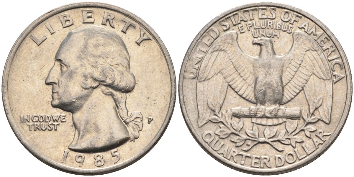 США 25 центов = квотер 1985 P, Вашингтон KM A164a медь плакированная медно-никелем 4584-1223