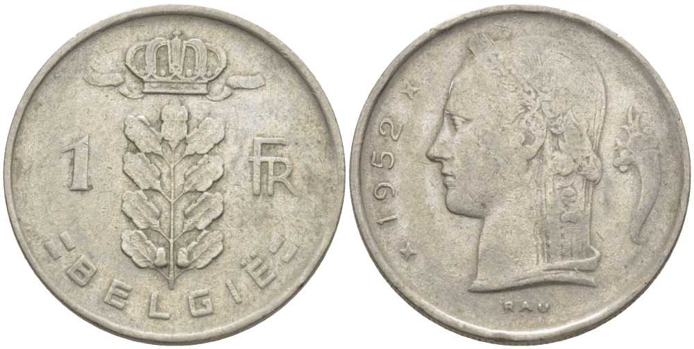 Бельгия 1 франк 1952 Belgie, Бодуэн I (1951-1993) KM 143.1 медно-никель 119-541