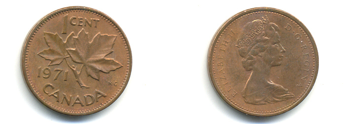 Канада 1 цент 1971 Елизавета II (1952-2022), кленовый лист KM 59.1 бронза 177-1337
