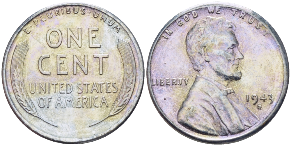 США 1 цент 1943 S (Сан-Франциско), Авраам Линкольн KM 132 a сталь плакированная цинком 39-132