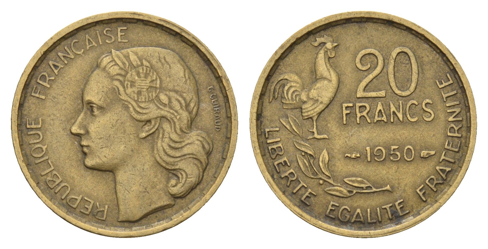 Франция 20 франков 1950 KM 917.1, Le Frank 402.4 алюминиевая бронза 4121-325