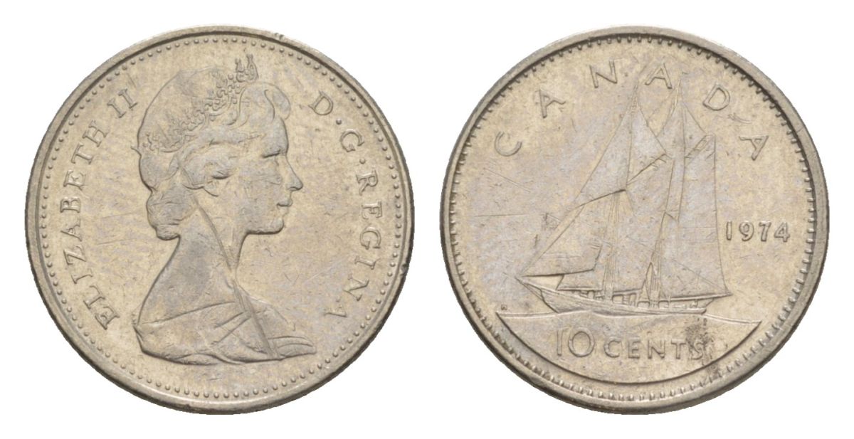 Канада 10 центов 1974 Елизавета II (1952-2022), парусник KM 77 никель 4630-823