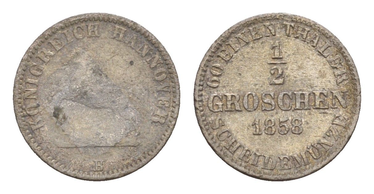 Ганновер 1/2 гроша 1858 B, Георг V (1851-1866) KM 235, AKS 151, J. 92 серебро    4658-1049