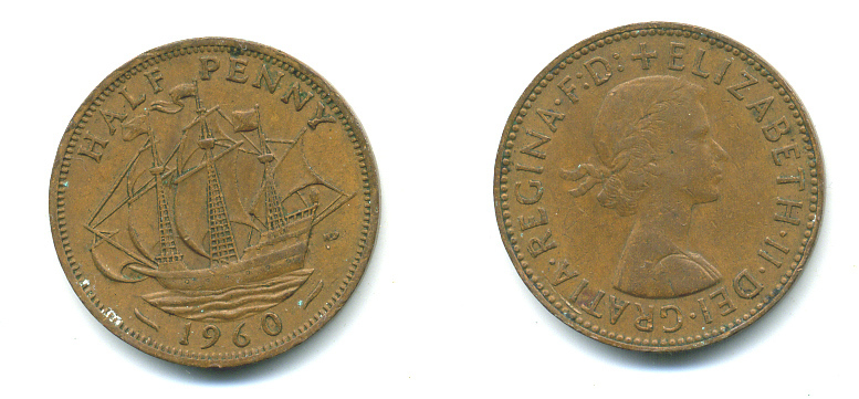 Великобритания 1/2 пенни 1960 Елизавета II (1952-2022) KM 896, Spink 4158 бронза 4383-326