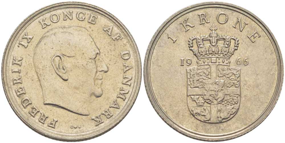 ДАНИЯ 1 КРОНА 1966 C;S, ФРЕДЕРИК IX (1947-1972) KM 851.1 медно-никель 202-813