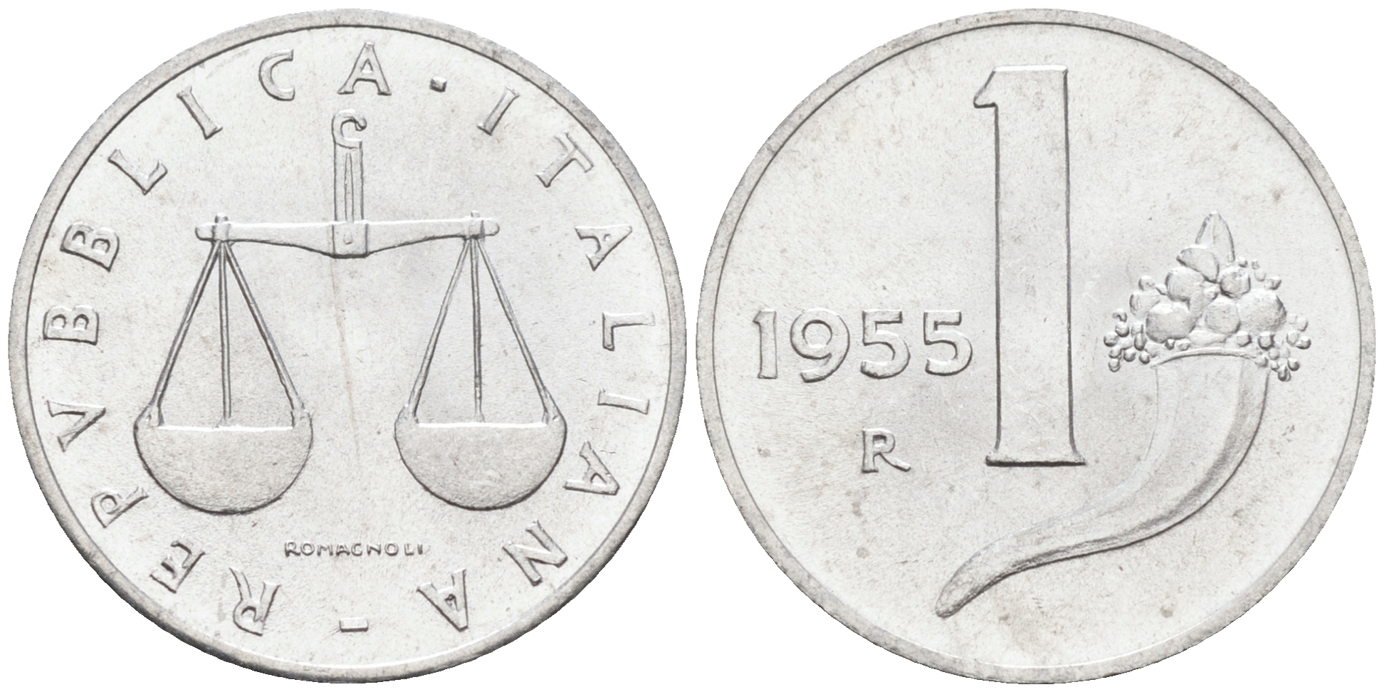 Италия 1 лира 1955 R, весы KM 91 алюминий  UNC  4594-644