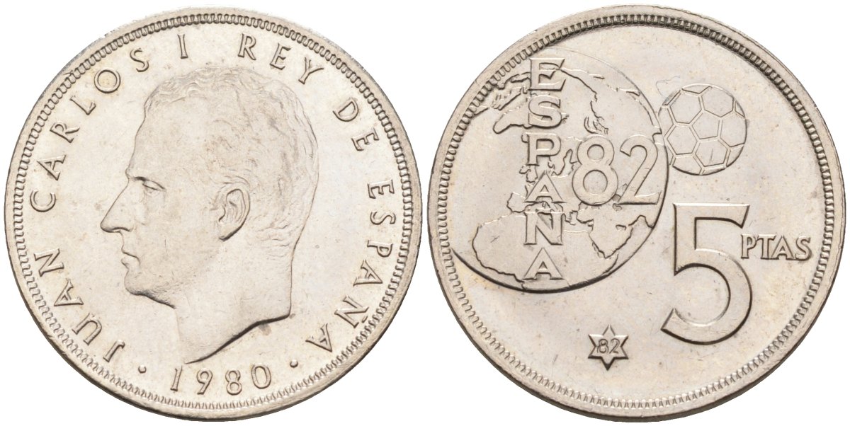 Испания 5 песет 1980(82) чемпионат мира по футболу в Испании 1982, Хуан Карлос I KM 817 медно-никель UNC 4583-1221