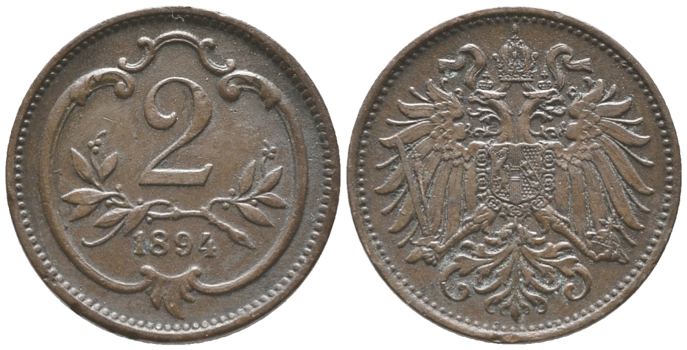 АВСТРИЯ 2 ГЕЛЛЕРА 1894 ФРАНЦ ИОСИФ (1846-1918) KM 2801 бронза 100-941